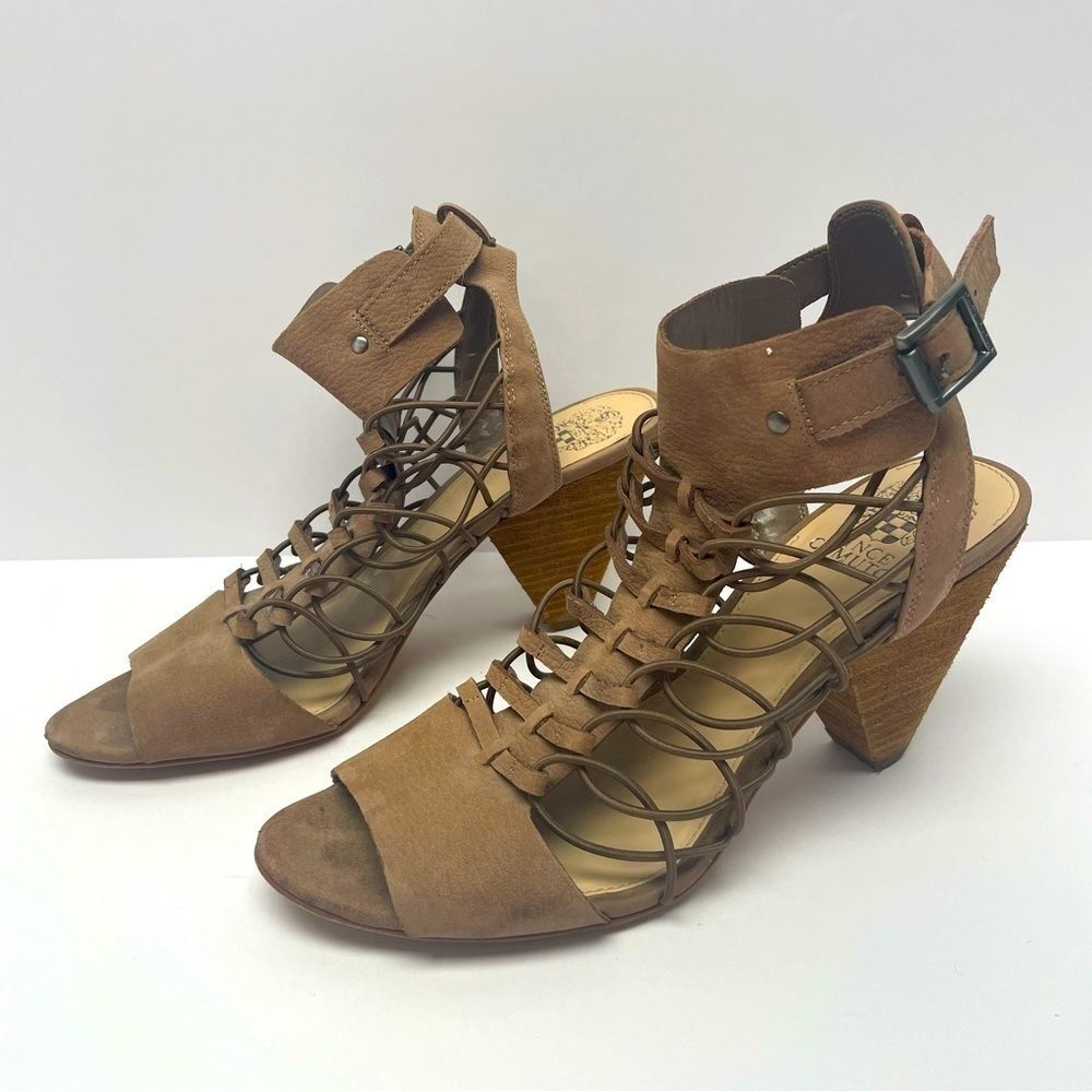 Vince Camuto Evel Sandal Caged Brown Buckle Open Toe Heels Women’s Size 10